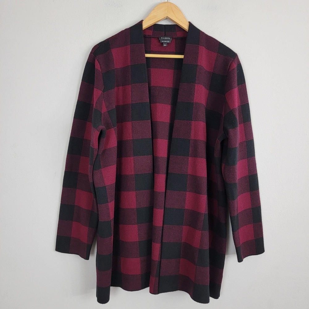 Talbots Buffalo‎ Plaid Pure Merino Wool Open Cardigan Sweater Size XL Holidays